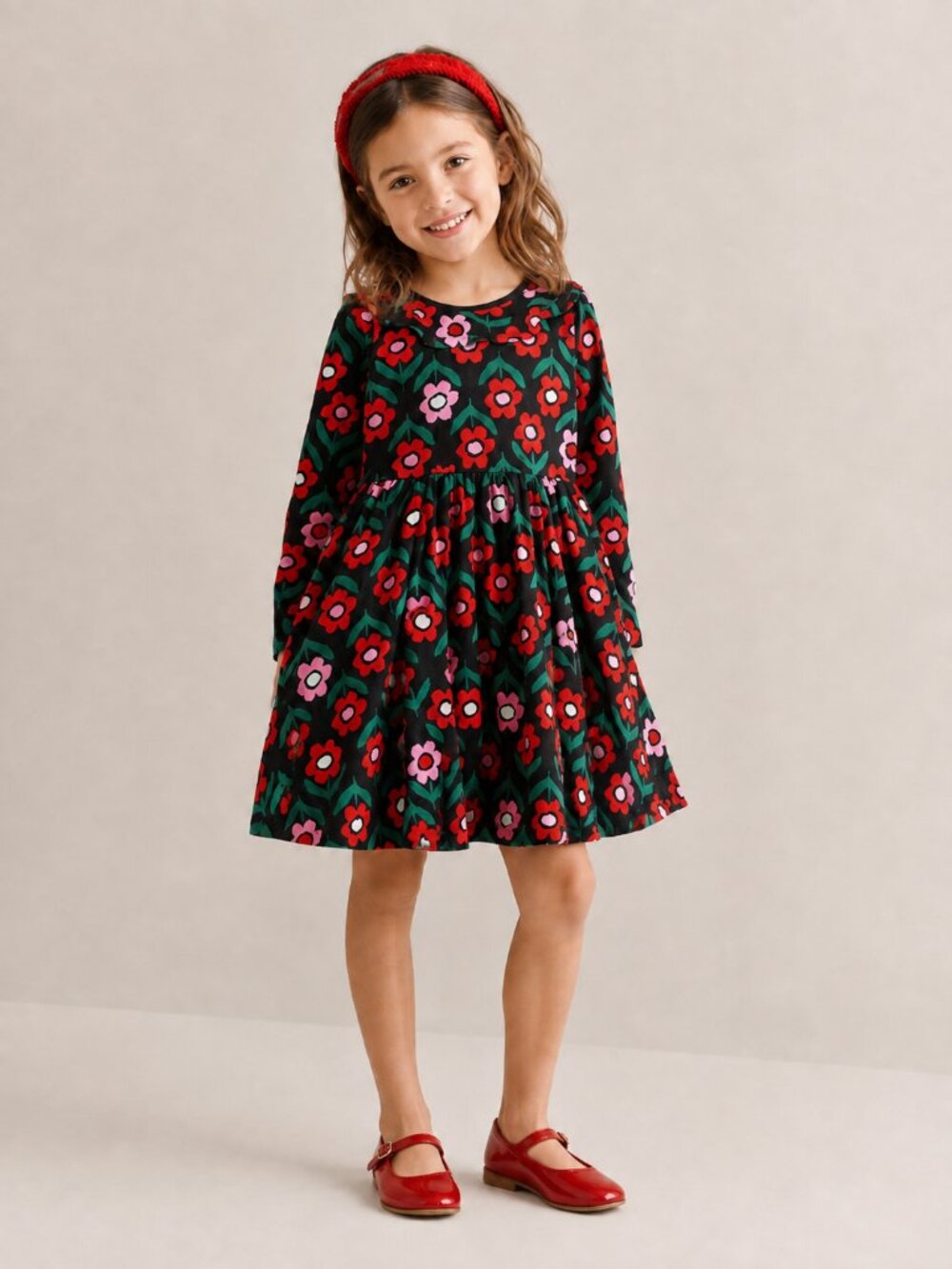 Hanna Andersson Retro Floral Ruffle Neck Velour Velvet Mini Dress Mod